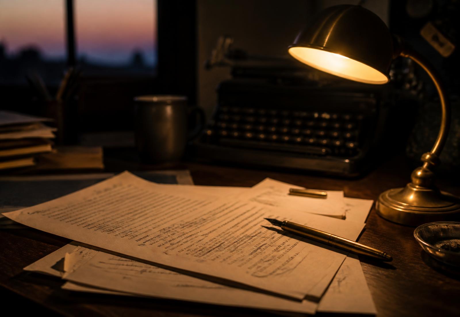 A writer's desk at dusk with manuscript pages, a fountain pen and a brass lamp